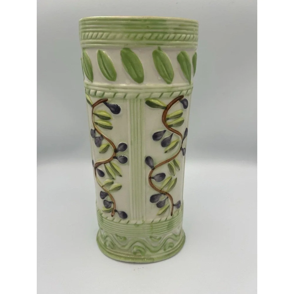 Majolica Style Olive Vine Cylinder Vase
